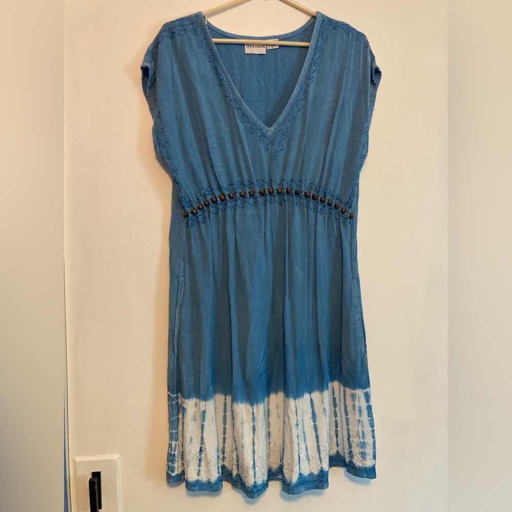 Raya Sun Dress SZ L Sky Blue Cotton Blend wood beaded and embroidered